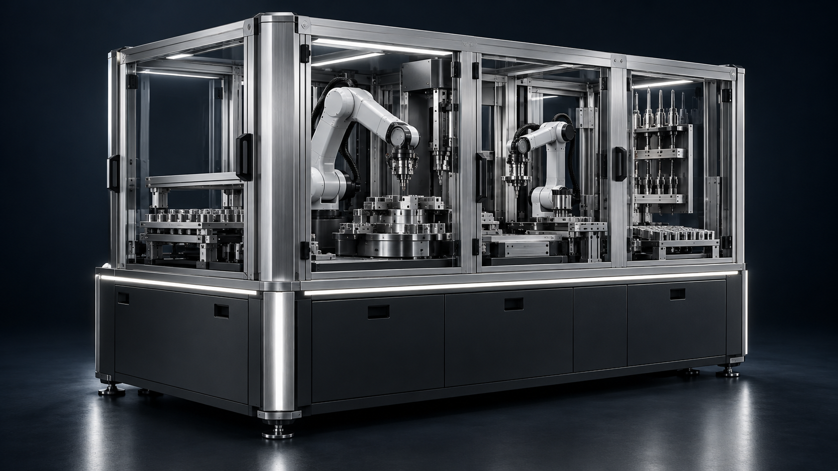 Concept of a modular manufacturing cell with an aluminum enclosure, two industrial robot arms, and interchangeable tooling